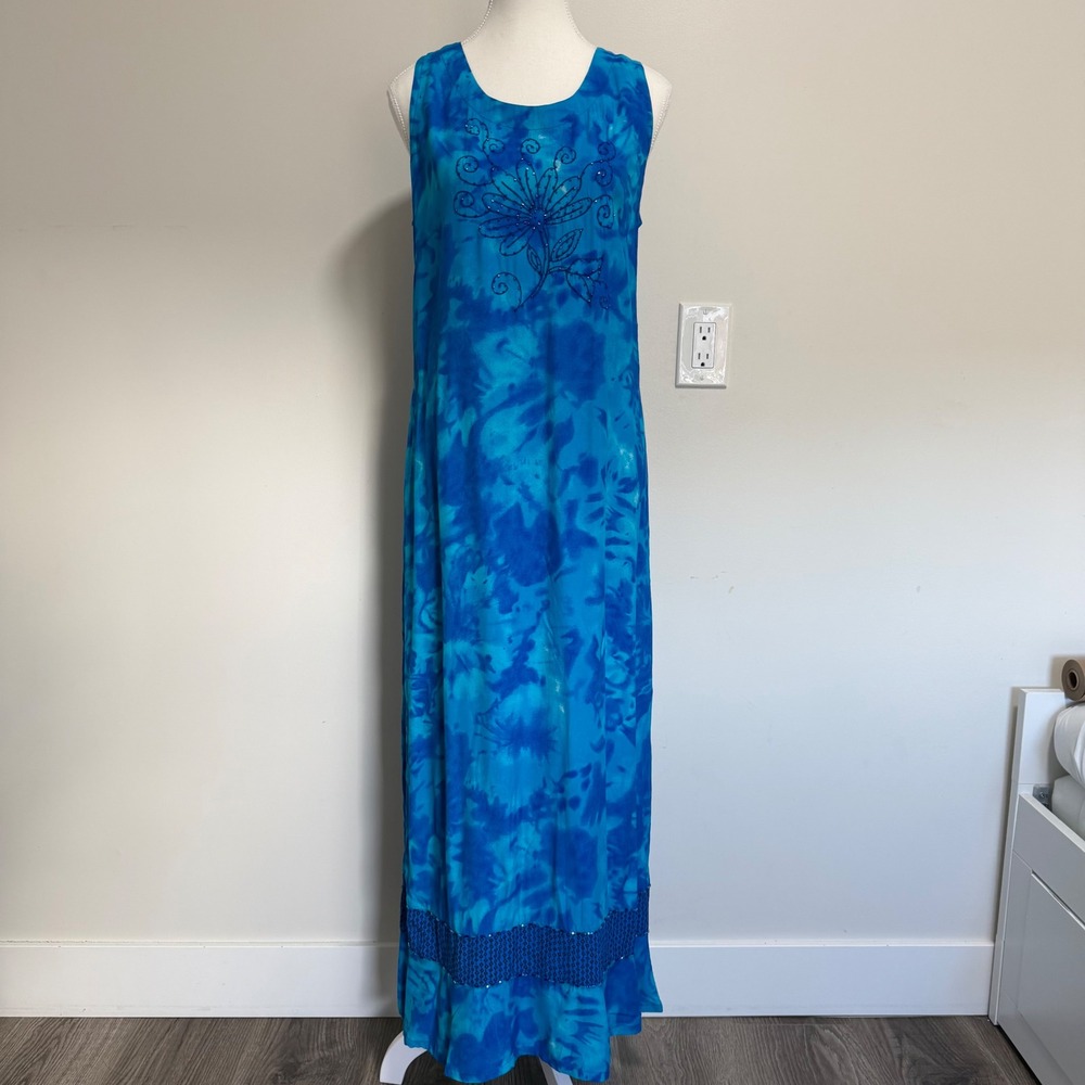 Surya Tie Dye Beaded Floral Maxi Dress Womens Size S Blue Boho Festival